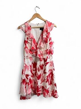 SALONI Cece Silk Chiffon Floral Ruffle Flutter Sleeveless Mini Dress White Pink